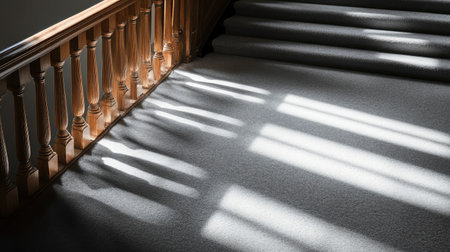 A cozy interior scene showcasing soft shadows cast on a carpeted floor, complemented by a warm wooden banister and natural light creating a tranquil atmosphere.の素材