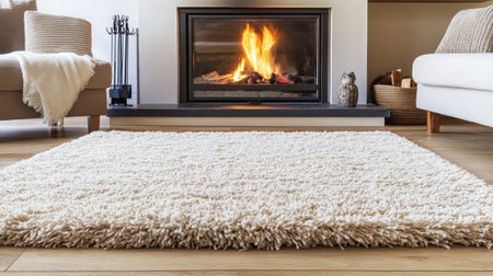 A stylish living room featuring a plush white rug and a bright fireplace, creating a warm and inviting atmosphere perfect for relaxation and comfort in a modern home setting.の素材