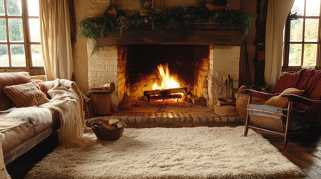 A cozy living room with a rustic fireplace, plush seating, and warm textiles creates an inviting atmosphere perfect for relaxation and gatherings with loved ones.の素材