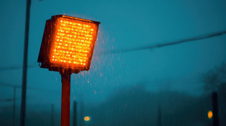 A bright orange light shines through a rain-soaked atmosphere, creating a captivating visual in an urban environment, evoking a sense of tranquility amidst the storm.の素材
