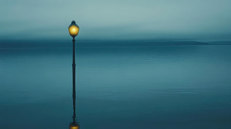 A tranquil scene featuring a glowing street lamp reflecting on still water, creating a calming atmosphere at dusk, perfect for conveying peace and solitude.の素材