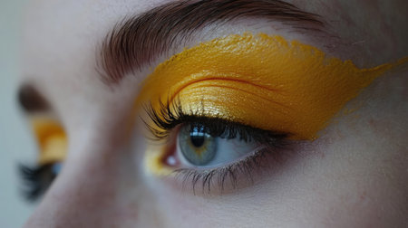 A stunning close-up of an eye adorned with vibrant yellow makeup, showcasing artistic creativity and shimmering details, perfect for fashion-inspired projects.の素材