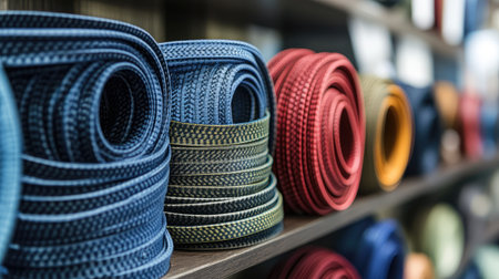 Vibrant display of various colorful ribbons and cords arranged on a wooden shelf, perfect for craft projects, home decor, and creative DIY endeavors. Explore the endless possibilities!の素材