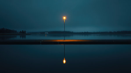 A tranquil twilight scene featuring a lamp post casting its light on a calm water surface, surrounded by soft mist and fog, creating a serene and peaceful atmosphere.の素材