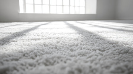 A serene view of a soft white carpet illuminated by natural light streaming through a large window, creating soft shadows in a spacious and inviting interior.の素材