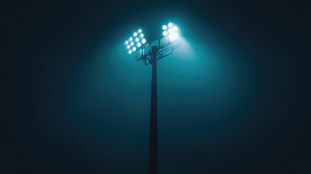 An artistic view of sports floodlights standing tall against a dark sky, providing illumination for an empty field, showcasing the synergy of technology and sports environment.の素材