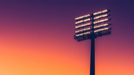 A stunning view of floodlights illuminating a sports field against a backdrop of a captivating sunset, showcasing vibrant purple and orange hues for a dramatic outdoor setting.の素材