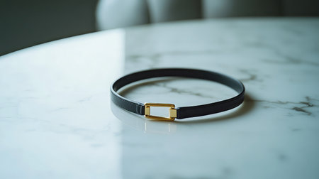 This image features an elegant black leather bracelet with a gold clasp, artistically displayed on a sophisticated marble table illuminated by soft light, symbolizing luxury and design.の素材