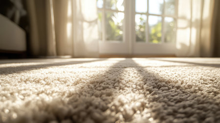 A cozy indoor scene featuring a soft carpet illuminated by gentle sunlight streaming through open French doors, creating a warm and inviting atmosphere perfect for relaxation.の素材