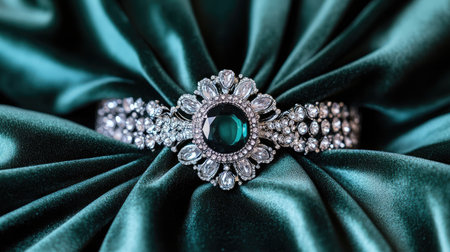 A stunning piece of jewelry featuring an exquisite gemstone set against a rich green fabric backdrop, perfect for showcasing luxury and elegance in fashion design.の素材
