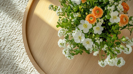 A stunning floral arrangement adorned with orange ranunculus and white flowers creates a vibrant and refreshing atmosphere, perfect for enhancing home decor.の素材
