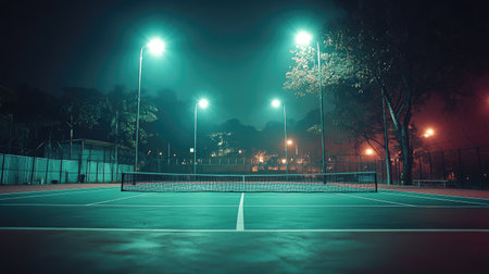 A tranquil tennis court illuminated at night, surrounded by fog and bright lighting, perfect for showcasing sports and urban photography in a serene atmosphere.の素材