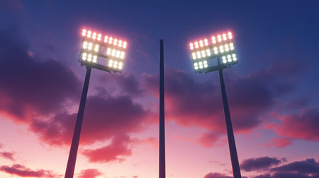 Vibrant stadium floodlights illuminate an evening sky featuring stunning clouds at sunset, capturing the excitement and energy of outdoor sports events.の素材