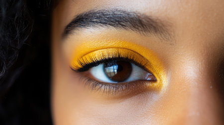 This close-up image showcases a striking eye adorned with vibrant yellow eyeshadow, emphasizing beauty and artistry in makeup, capturing both emotion and style in stunning detail.の素材