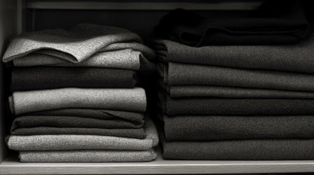 A collection of neatly folded fabrics in various shades of gray and black, showcasing textile organization on a well-designed shelf, ideal for home decor inspiration.の素材