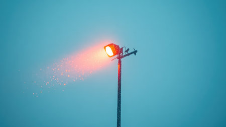 A striking red spotlight casts a warm glow into the falling snow, enhancing the enchanting winter scene while highlighting the chill and serenity of the surroundings.の素材