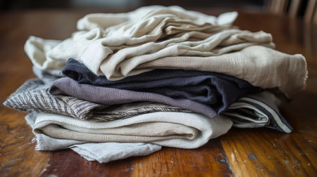 This image features a neatly stacked collection of various natural fabrics, highlighting different textures and colors, perfect for home decor and crafting projects.の素材