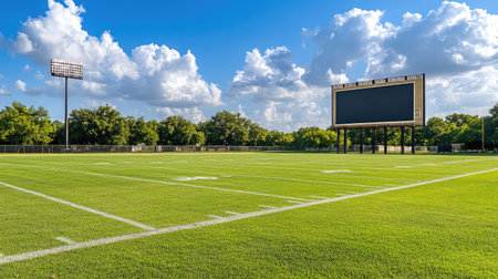 A picturesque football field featuring lush green grass and a large scoreboard, set against a vibrant blue sky with fluffy clouds, perfect for capturing sports moments.の素材