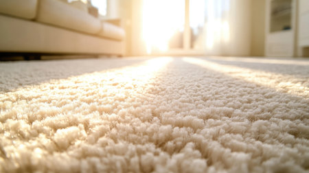 A soft and plush carpet fills the living room with an inviting warmth, illuminated by beautiful sunlight streaming through large windows, creating a cozy atmosphere.の素材