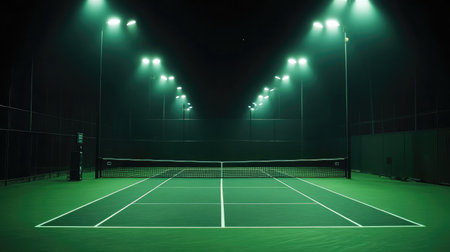 This image depicts a tranquil tennis court at night, illuminated by bright lights. The perfect setting for matches and recreational play under a serene, starry sky.の素材
