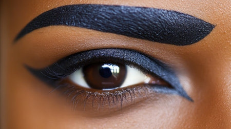 This image features a stunning close-up of a creatively styled eyebrow with bold black makeup, highlighting the intricate details and soft glow of the eye makeup.の素材