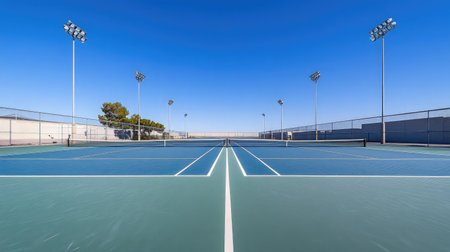 This image showcases an empty outdoor tennis court under a clear blue sky, featuring bright lighting and defined lines, perfect for sports events and training sessions.の素材