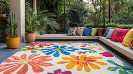 This colorful rug featuring a vibrant floral design adds a lively touch to the indoor space, complemented by lush greenery and decorative cushions for a cozy atmosphere.の素材