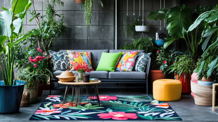 Discover a beautiful indoor garden space that blends vibrant plants, a cozy sofa, and stylish decor for a serene atmosphere perfect for relaxation and comfort.の素材