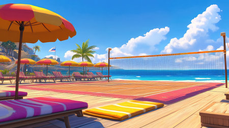 A vibrant beach volleyball court set in a tropical paradise, featuring sun loungers and colorful parasols with a stunning view of the ocean and clear sky. Perfect for relaxation and fun.の素材