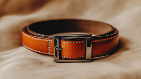 This image features a sophisticated brown leather belt with a sleek silver buckle set against a soft fabric background, perfect for showcasing stylish accessories in fashion photography.の素材