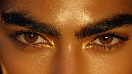 Stunning close-up of captivating eyes adorned with golden makeup and bold brows, showcasing beauty and elegance in a fashion-inspired aesthetic photography.の素材