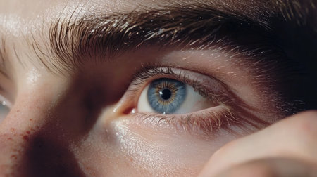 This close-up image showcases a mesmerizing human eye with a vivid blue iris, highlighting intricate details of the skin and pupil under natural lighting, evoking emotions and curiosity.の素材