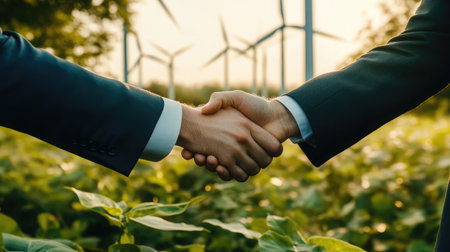 Two business professionals shake hands in a lush green field with wind turbines in the background, representing collaboration in renewable energy and commitment to sustainable practices.の素材