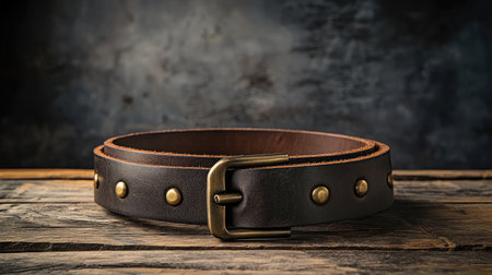 This image features a stylish dark leather belt with a sturdy metal buckle, artfully placed on a rustic wooden surface, showcasing versatility for fashion and accessories themes.の素材
