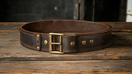 Beautiful vintage brown leather belt with a brass buckle, resting on a textured wooden surface, ideal for showcasing fashion and style in creative projects.の素材