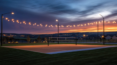 A peaceful view of an empty volleyball court illuminated by soft twinkling lights during dusk, set against a stunning sunset backdrop with rolling hills. Perfect for a serene evening.の素材
