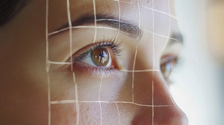 A captivating close-up image of a woman's face featuring a futuristic grid overlay that enhances the intricacies of her eye and highlights themes of technology and innovation.の素材