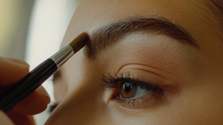 A detailed close-up captures the art of eyebrow grooming as a brush delicately enhances a woman's brow and eye, showcasing beauty techniques in a fresh, natural style.の素材