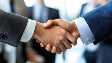 A close-up view of a firm handshake between two professionals signifying agreement and collaboration in a business context, with blurred colleagues in the background.の素材