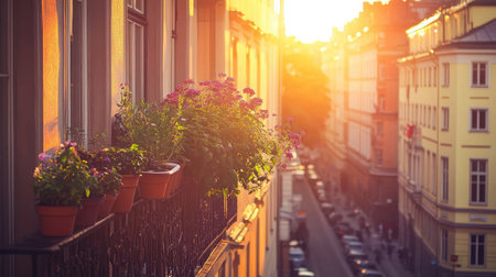A picturesque view of a sunlit balcony adorned with vibrant flowering plants, casting a warm glow over a charming urban street as evening descends, offering a tranquil escape.の素材
