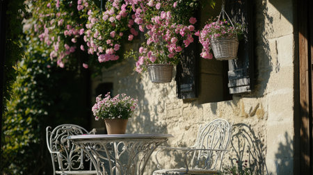 A picturesque outdoor patio features a charming arrangement of pink flowers and vintage furniture, creating a serene and inviting atmosphere perfect for relaxation.の素材