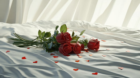 A beautiful arrangement of red roses atop soft white fabric, sprinkled with heart confetti, perfect for capturing love and romance for special occasions.の素材