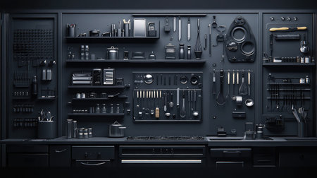 An organized black kitchen backdrop showcasing essential culinary tools and cookware, perfect for professional chefs and cooking enthusiasts aiming for stylish functionality.の素材