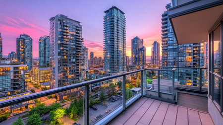 Breathtaking view of a modern city skyline during sunset from a balcony, showcasing stunning skyscrapers and vibrant colors illuminating the evening sky.の素材