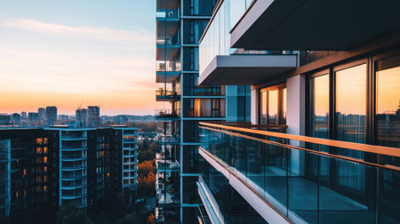A stunning view of a modern apartment balcony at sunset, showcasing sleek architecture, glass railings, and a vibrant city skyline bathed in warm evening light.の素材