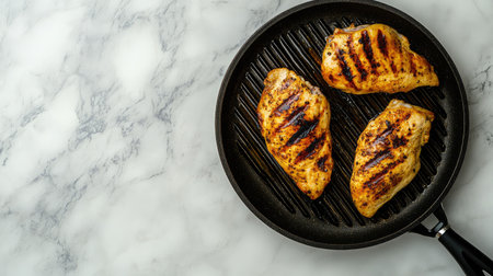 This image features grilled chicken breasts on a black grill pan, showcasing perfect char marks, ideal for healthy meal preparations and culinary inspiration.の素材