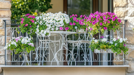 A stunning balcony adorned with vibrant petunias in an array of colors, framed by elegant wrought iron railings, creating a charming outdoor retreat full of life and beauty.の素材