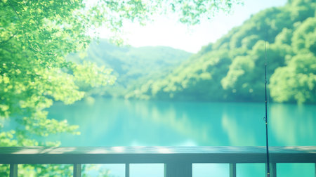 A serene lake view showcasing lush greenery and a fishing rod, perfect for themes of relaxation and nature, evoking a sense of peace and tranquility.の素材