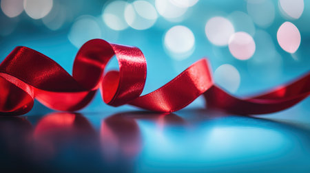 A stunning closeup of a red satin ribbon beautifully twisted, set against a soft focus background of bokeh lights, ideal for holiday themes or gift presentations.の素材