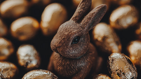A charming rabbit figurine nestled among shiny golden chocolate eggs, ideal for Easter-themed decorations and festive displays, creating a joyful atmosphere for spring celebrations.の素材